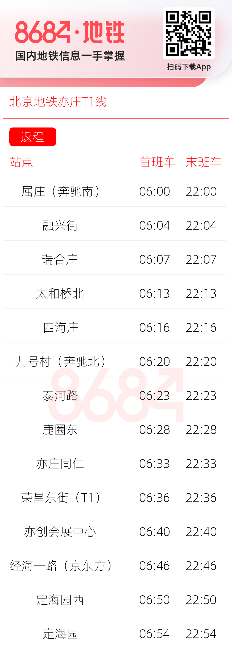 北京地铁亦庄T1线运营时间表