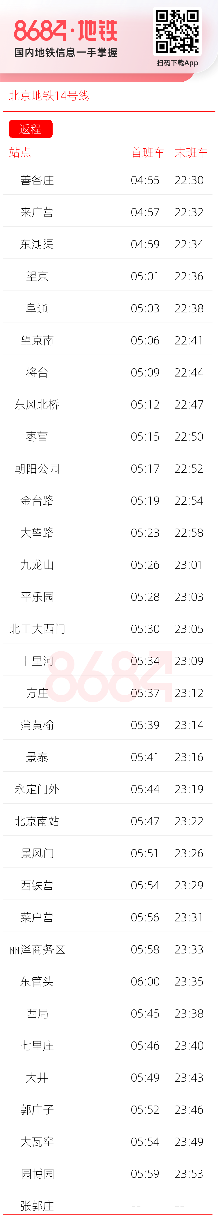 北京地铁14号线运营时间表