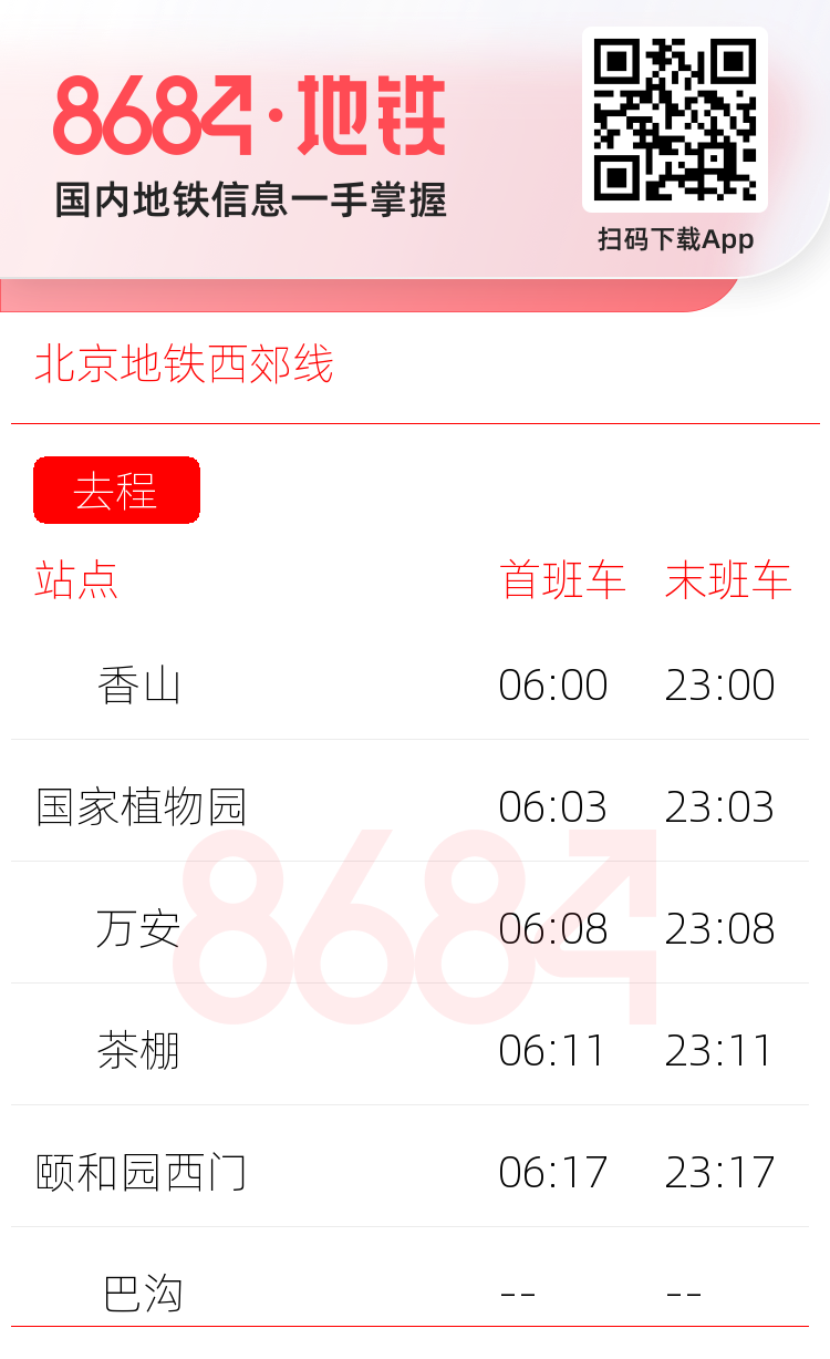 北京地铁西郊线运营时间表