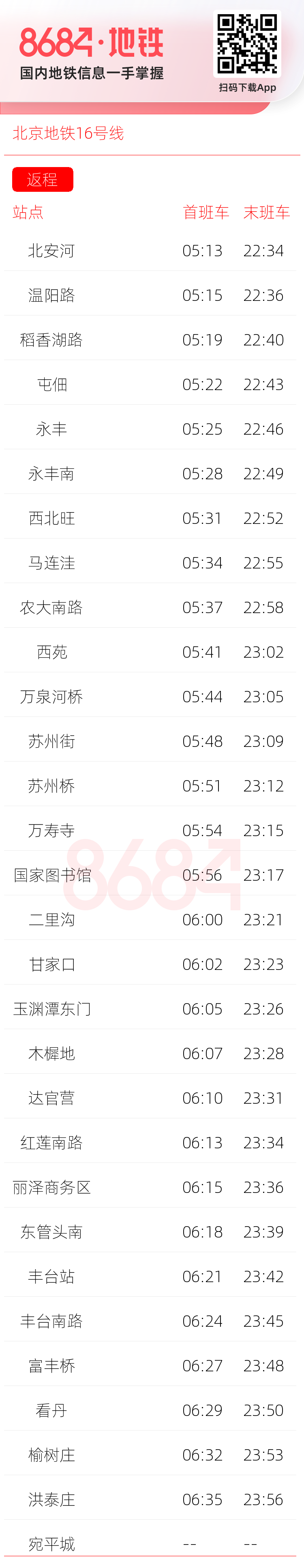 北京地铁16号线运营时间表