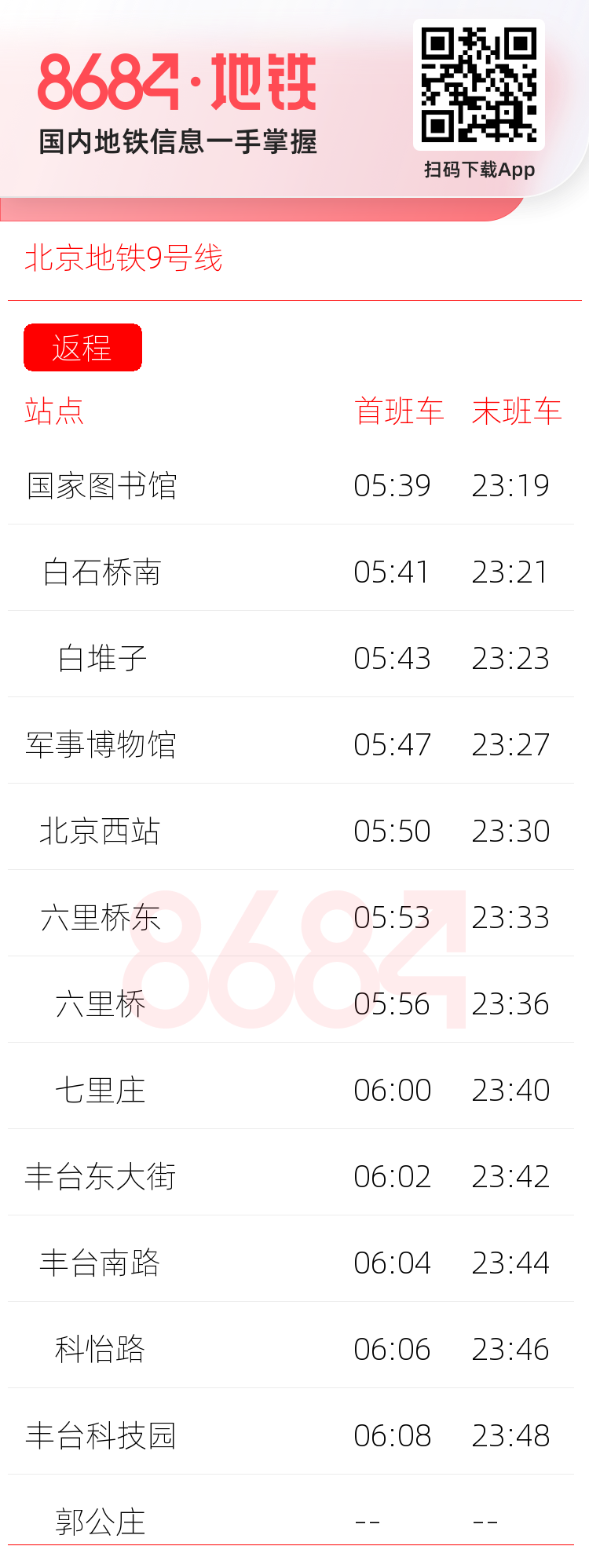 北京地铁9号线运营时间表