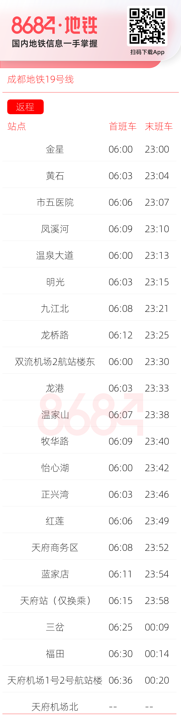 成都地铁19号线运营时间表