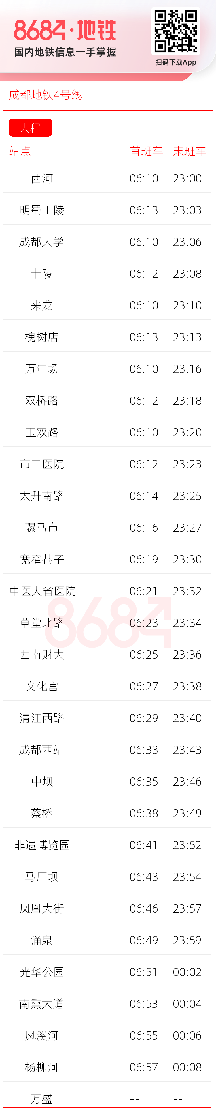 成都地铁4号线运营时间表