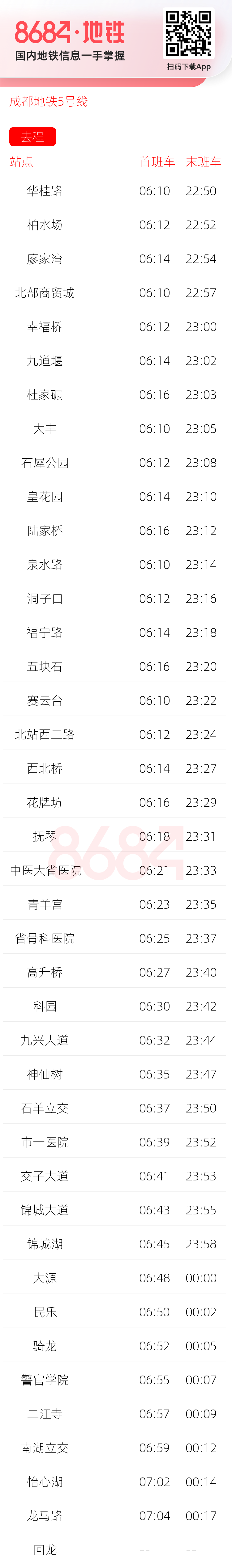 成都地铁5号线运营时间表