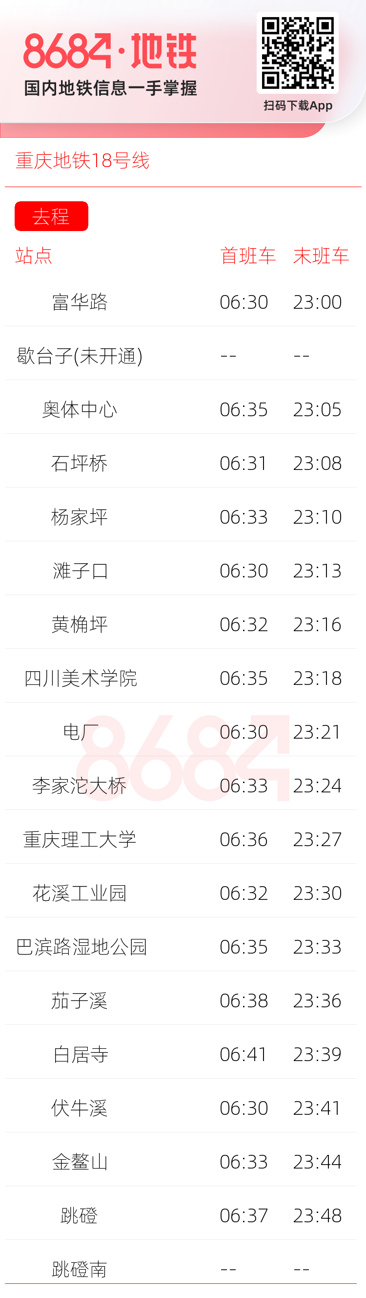 重庆地铁18号线运营时间表