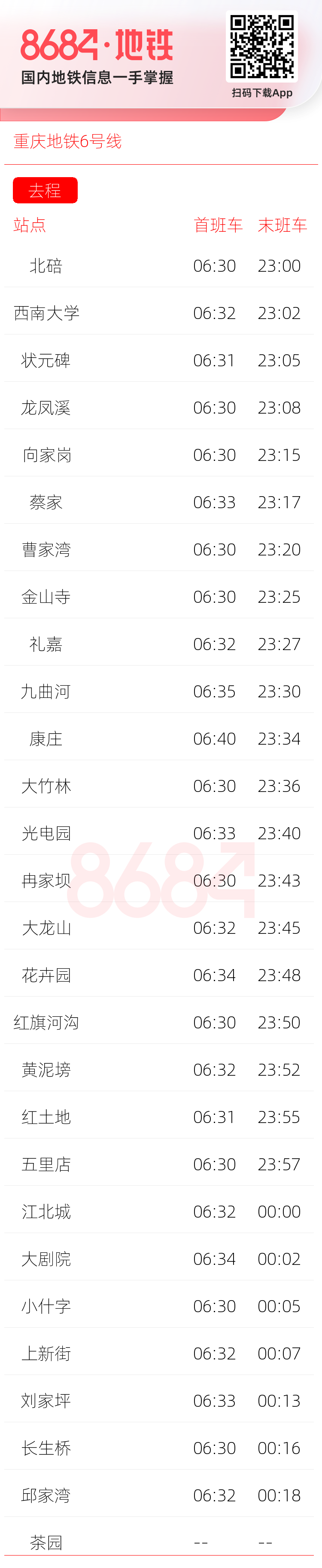 重庆地铁6号线运营时间表