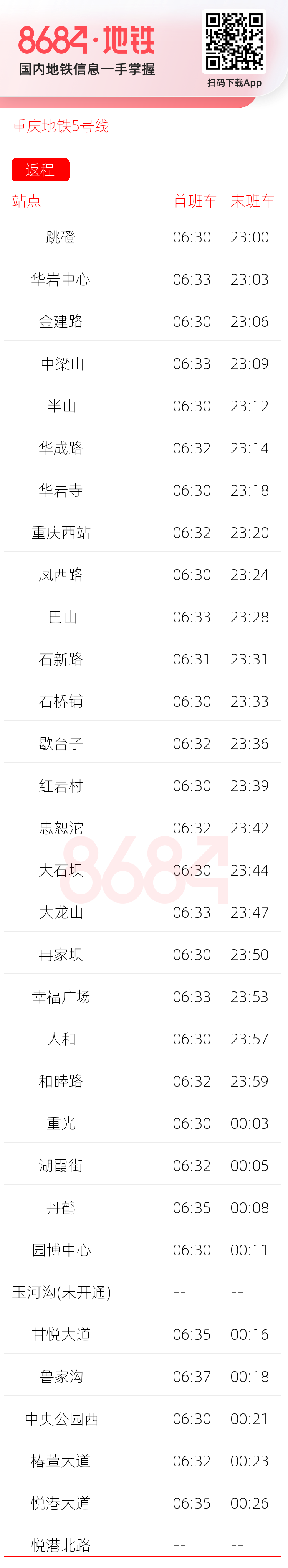 重庆地铁5号线运营时间表