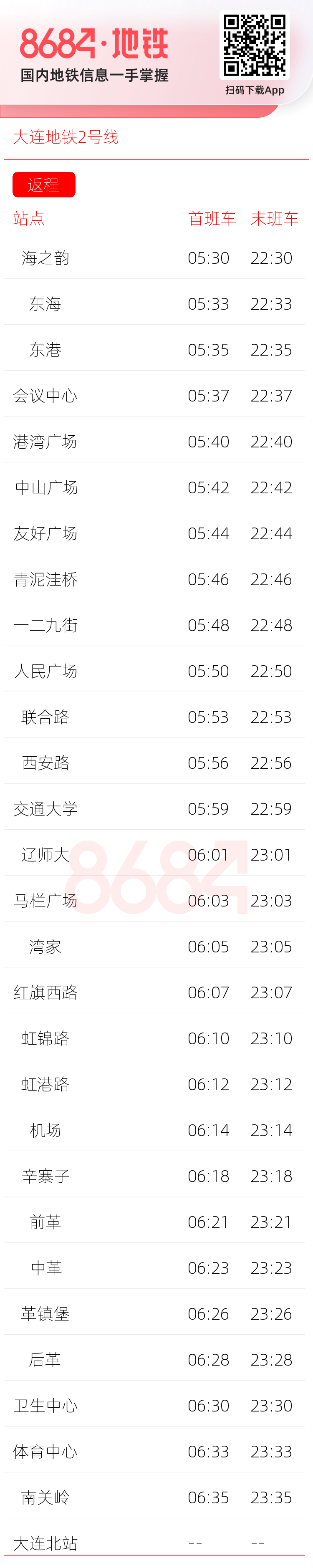 大连地铁2号线运营时间表