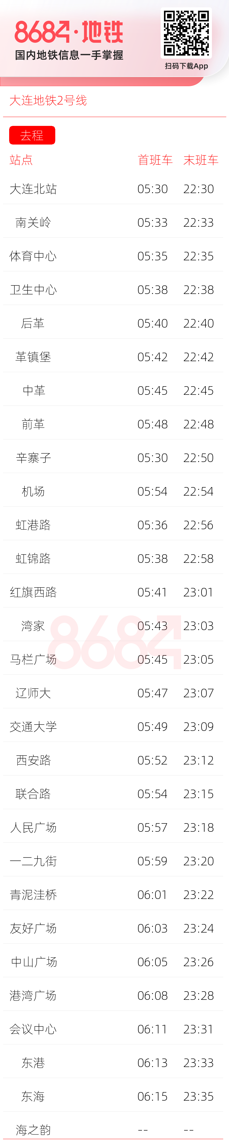 大连地铁2号线运营时间表