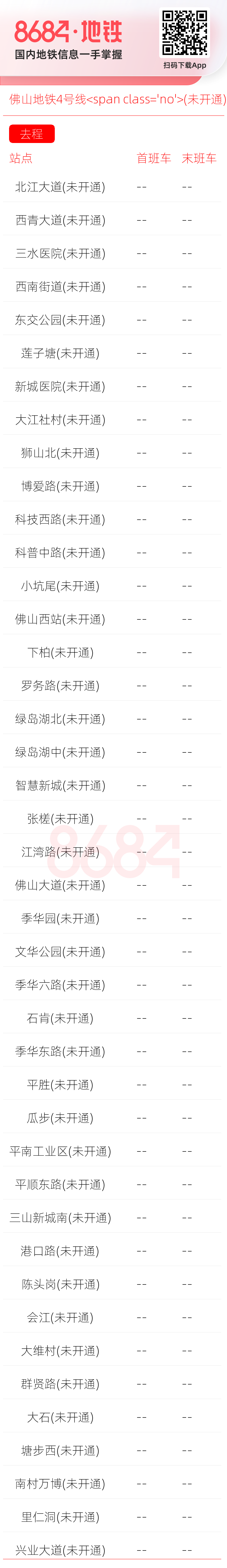 佛山地铁4号线<span class='no'>(未开通)</span>运营时间表