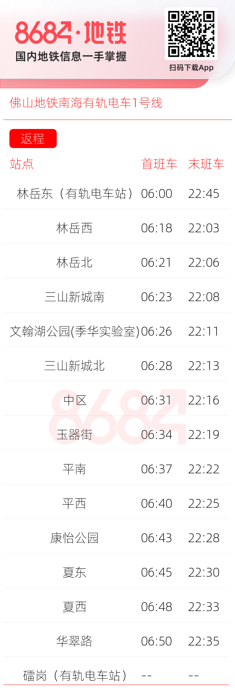 佛山地铁南海有轨电车1号线运营时间表