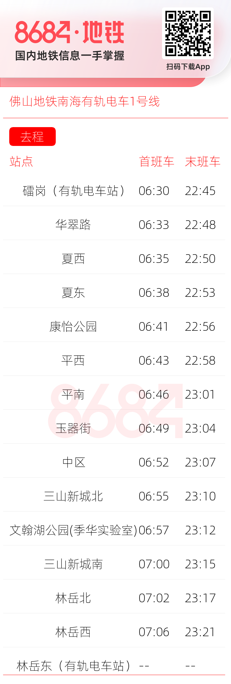 佛山地铁南海有轨电车1号线运营时间表