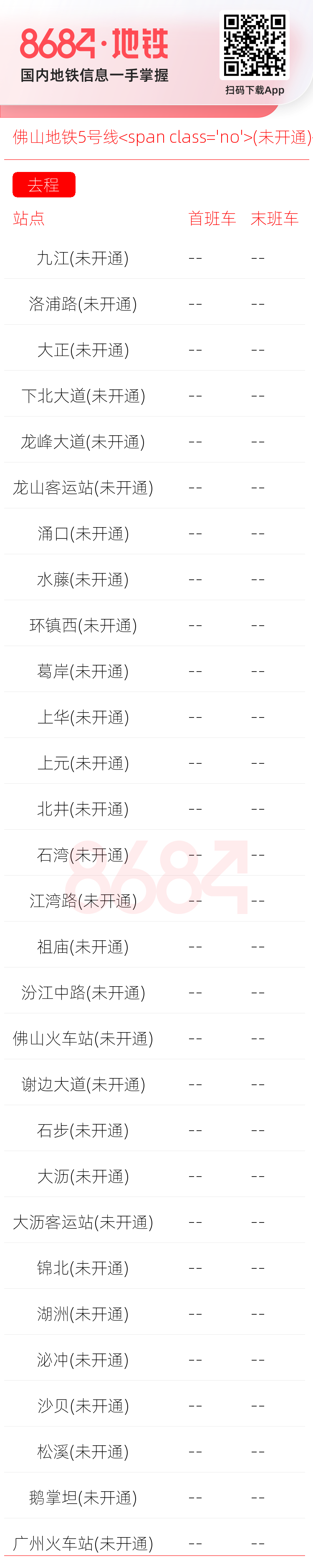 佛山地铁5号线<span class='no'>(未开通)</span>运营时间表
