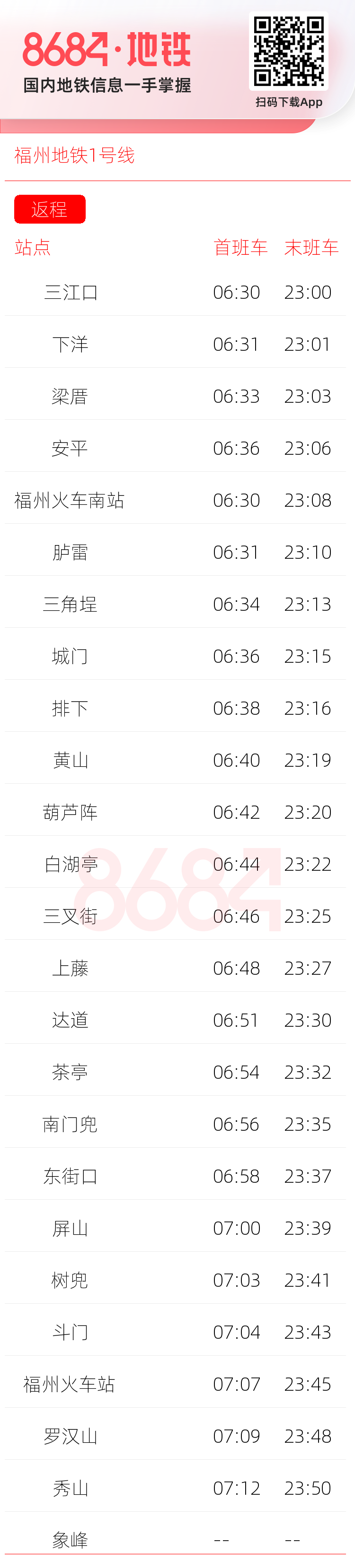 福州地铁1号线运营时间表