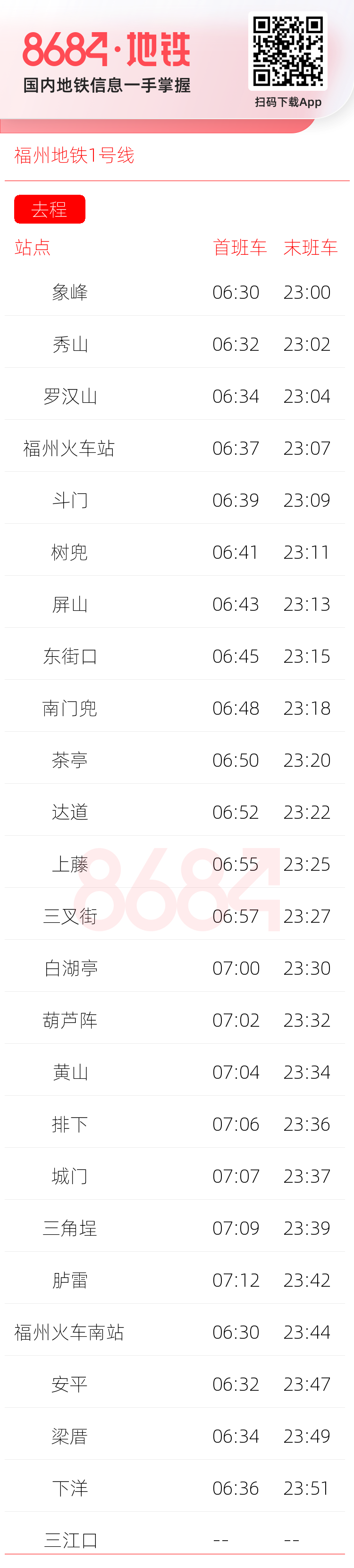 福州地铁1号线运营时间表