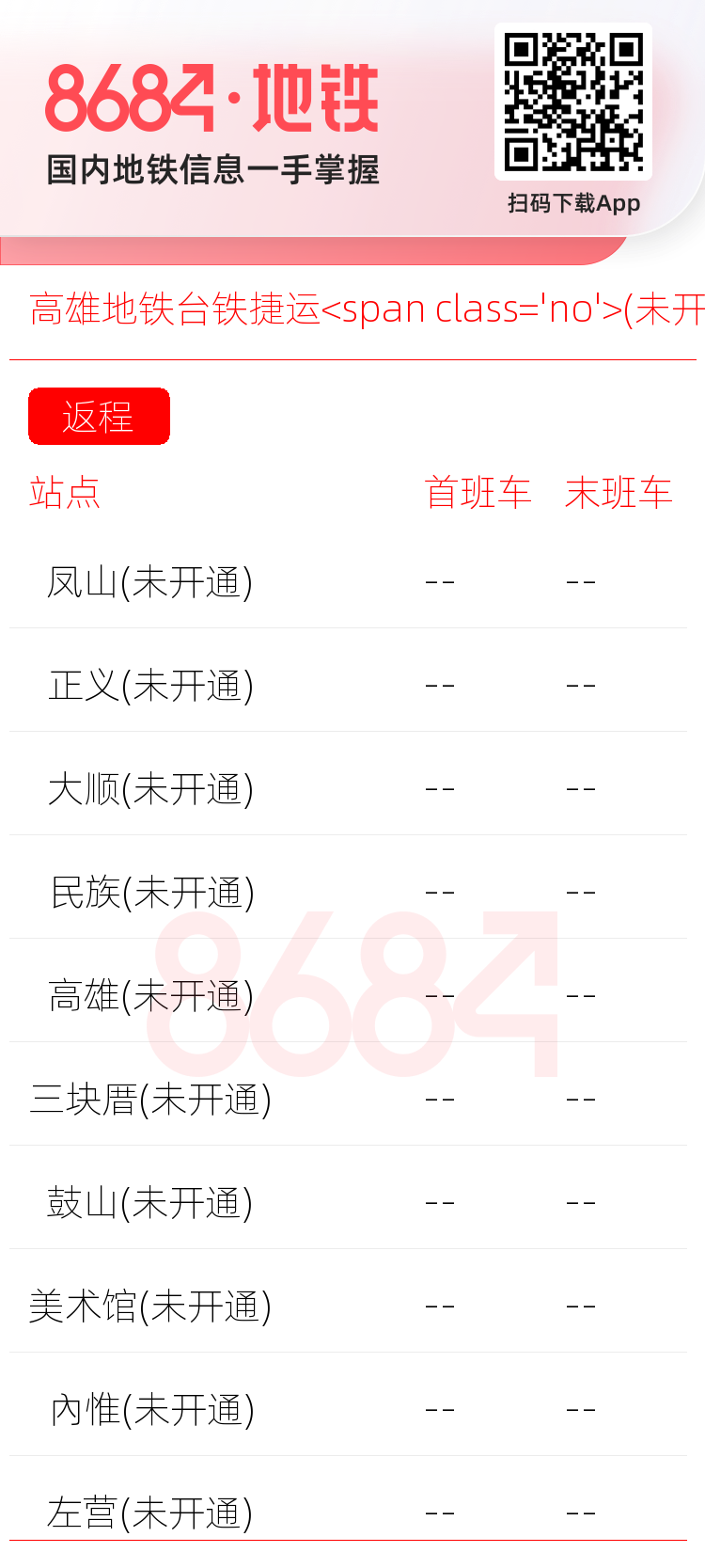 高雄地铁台铁捷运<span class='no'>(未开通)</span>运营时间表