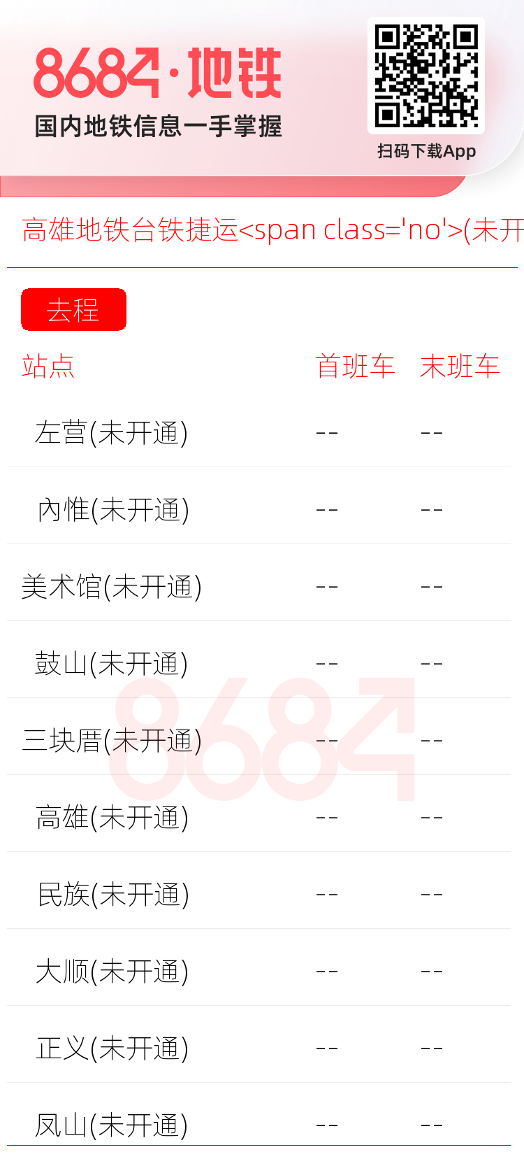 高雄地铁台铁捷运<span class='no'>(未开通)</span>运营时间表