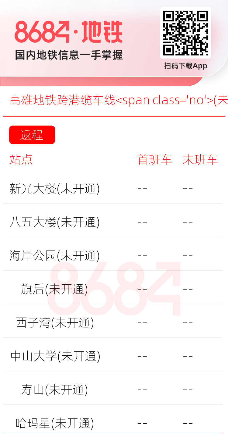 高雄地铁跨港缆车线<span class='no'>(未开通)</span>运营时间表