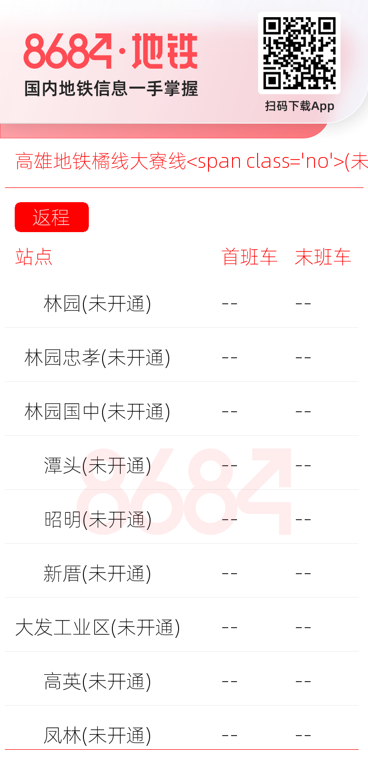 高雄地铁橘线大寮线<span class='no'>(未开通)</span>运营时间表
