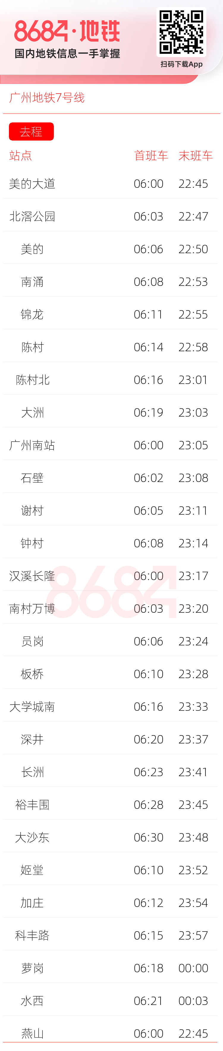 广州地铁7号线运营时间表