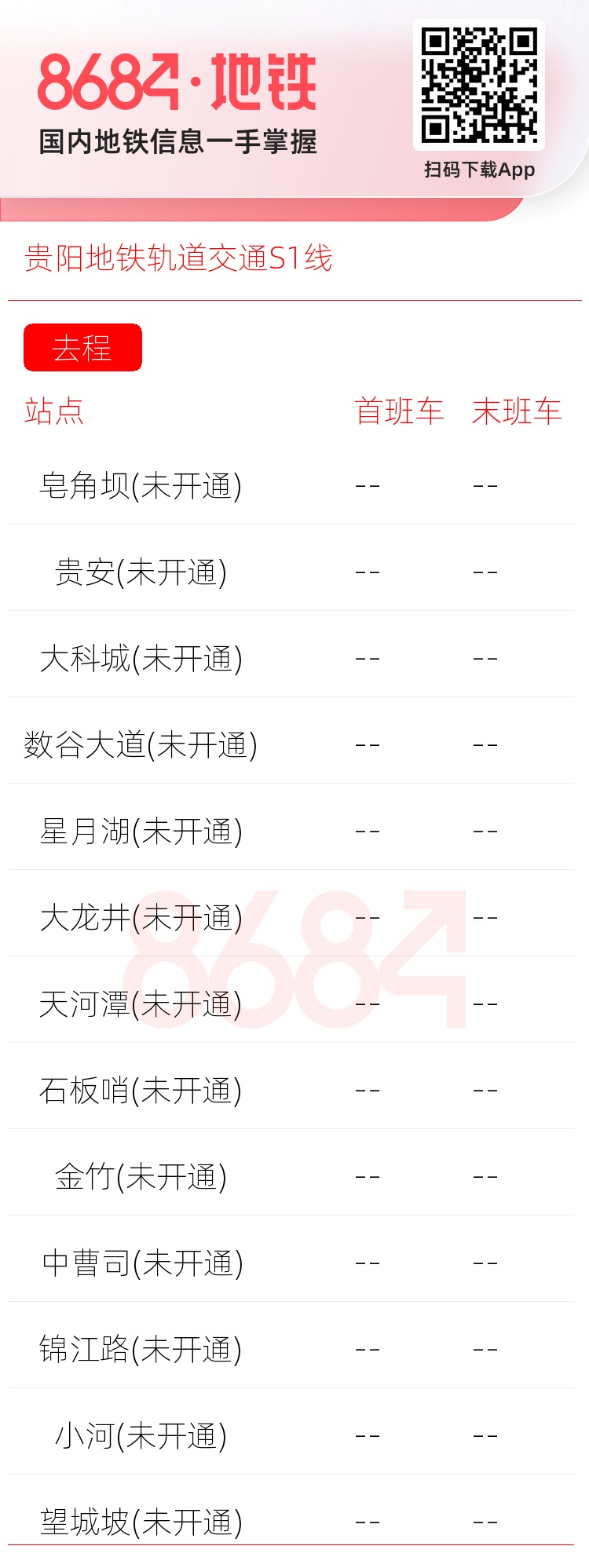 贵阳地铁轨道交通S1线运营时间表