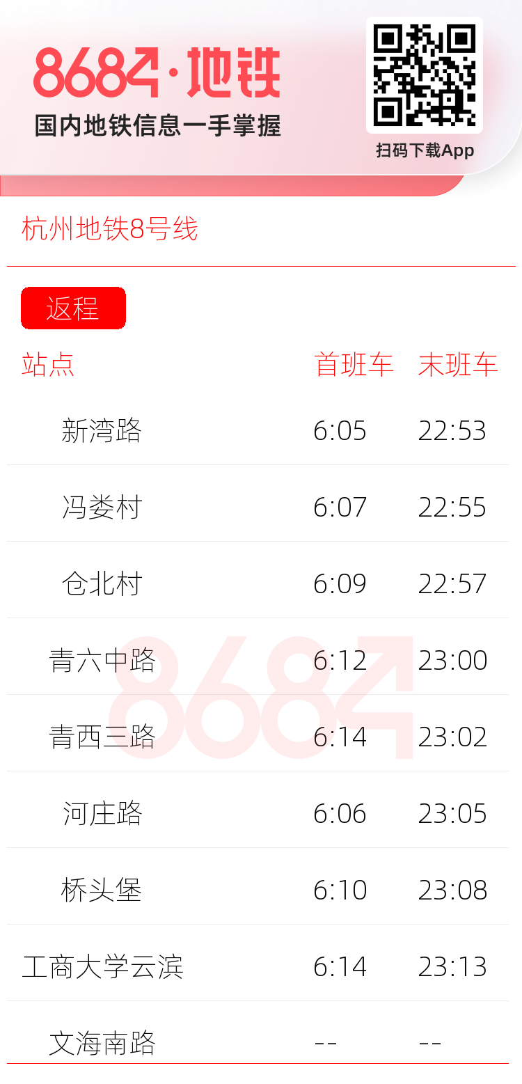 杭州地铁8号线运营时间表