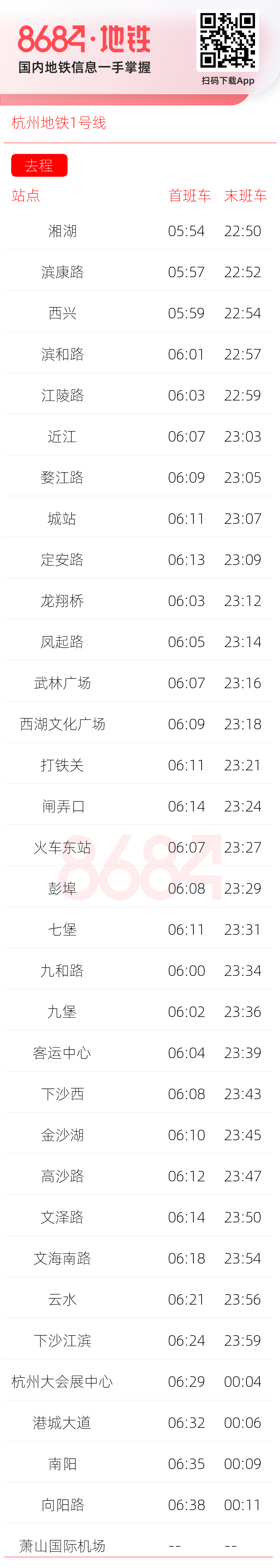 杭州地铁1号线运营时间表