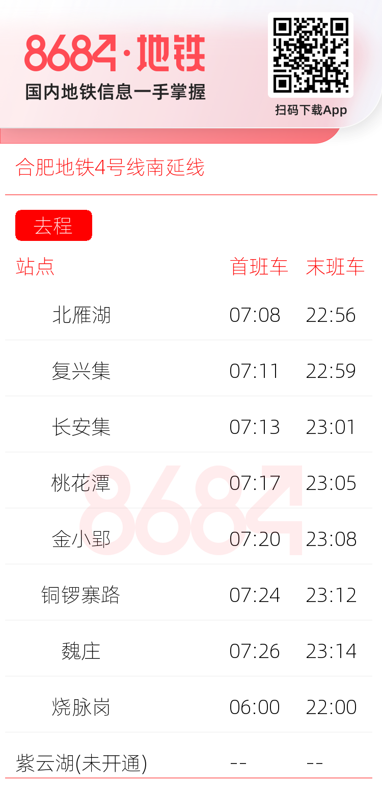 合肥地铁4号线南延线运营时间表