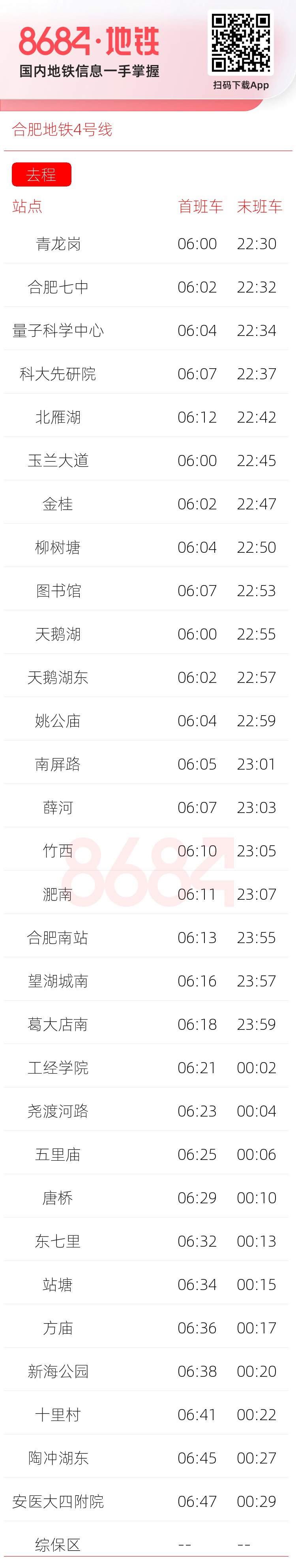 合肥地铁4号线运营时间表