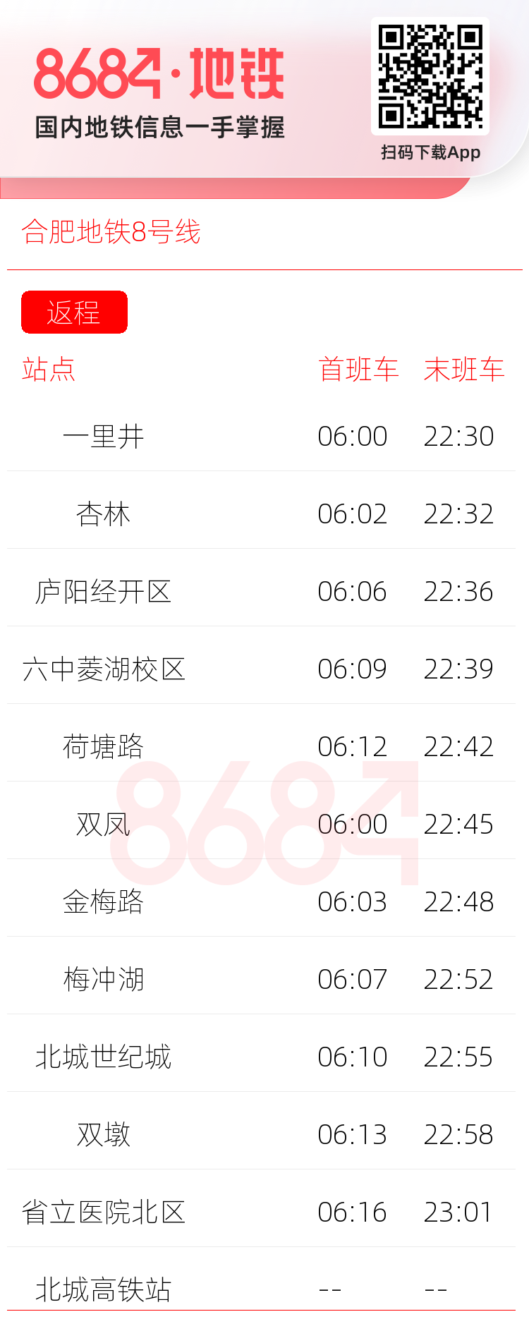 合肥地铁8号线运营时间表
