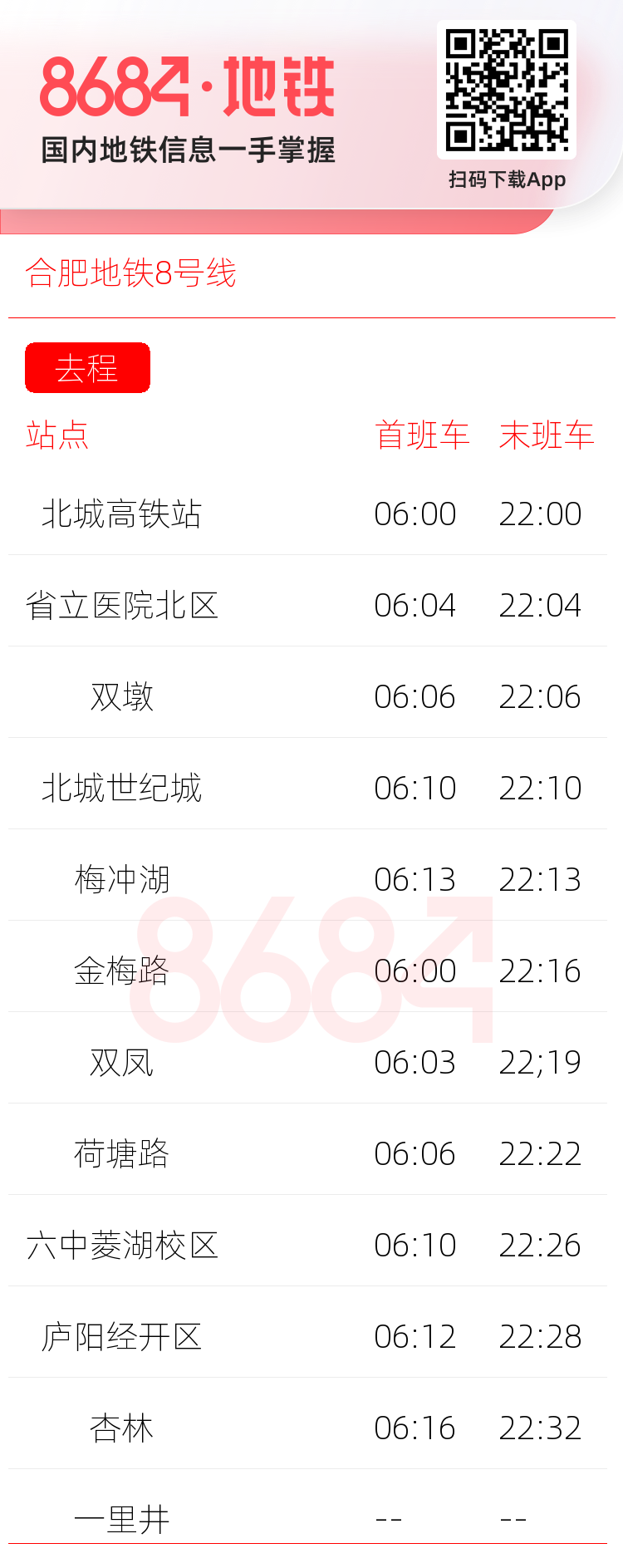 合肥地铁8号线运营时间表