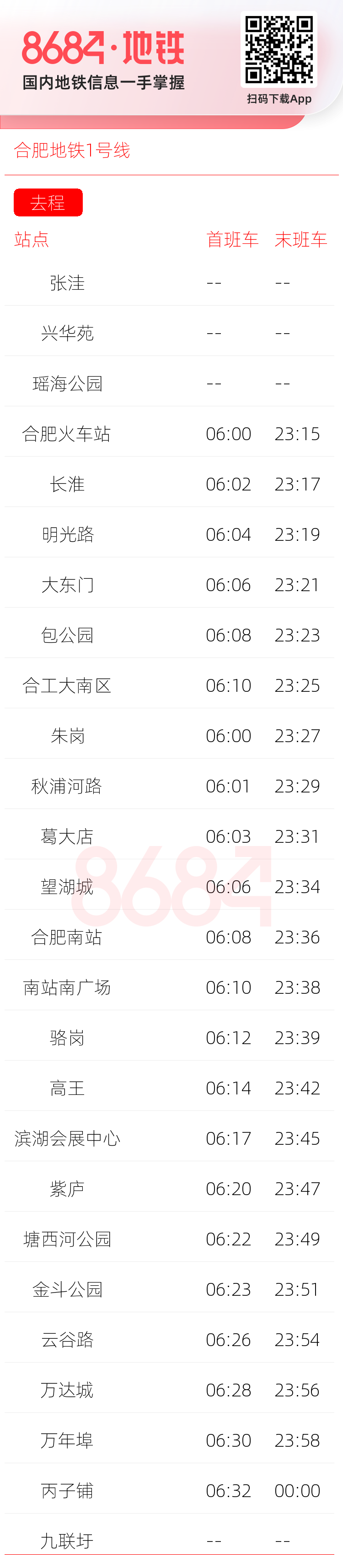 合肥地铁1号线运营时间表