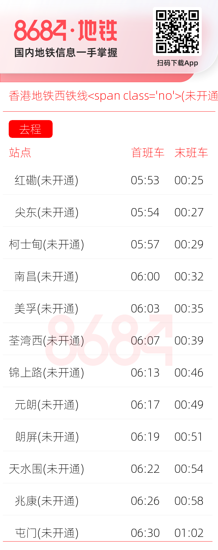 香港地铁西铁线<span class='no'>(未开通)</span>运营时间表