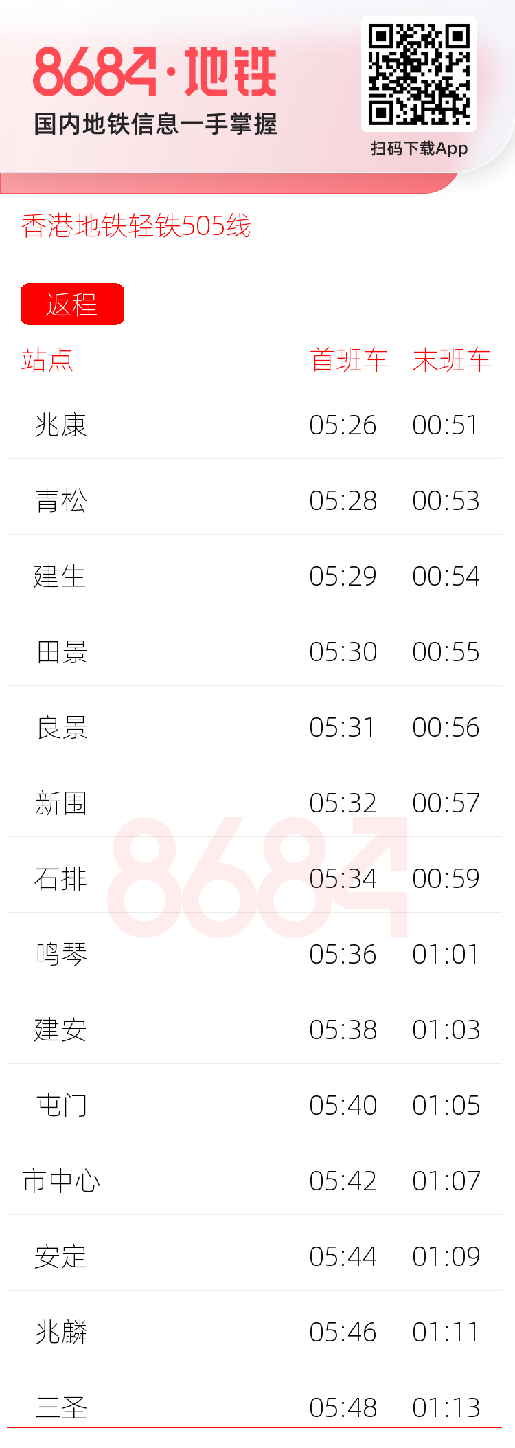香港地铁轻铁505线运营时间表
