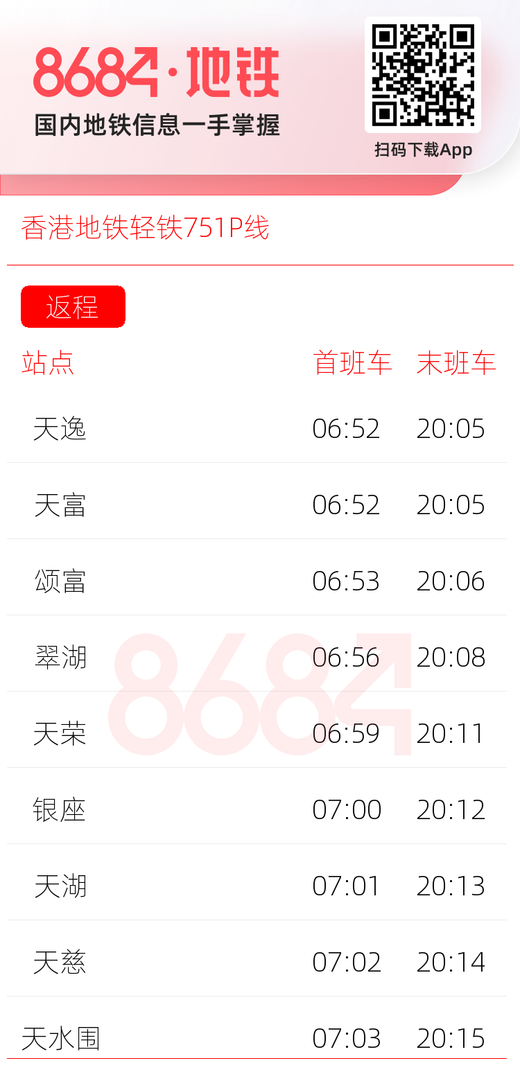 香港地铁轻铁751P线运营时间表