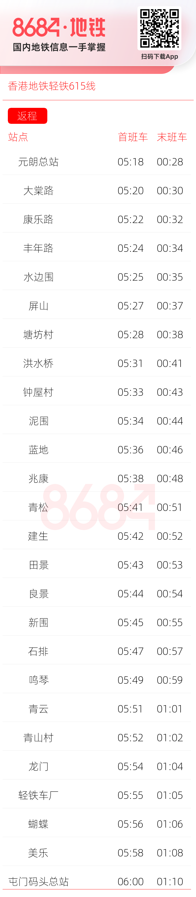 香港地铁轻铁615线运营时间表