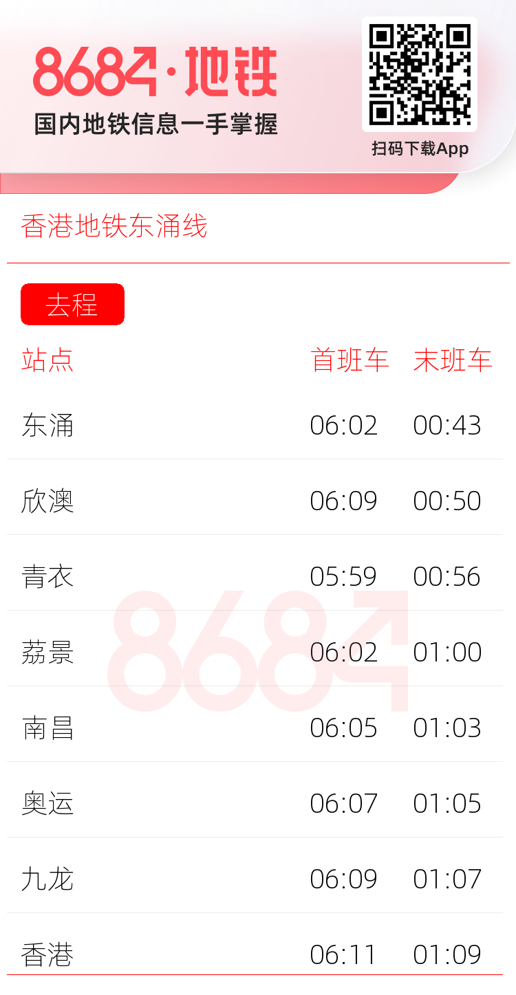香港地铁东涌线运营时间表