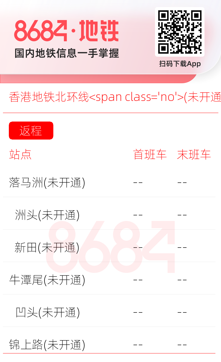 香港地铁北环线<span class='no'>(未开通)</span>运营时间表