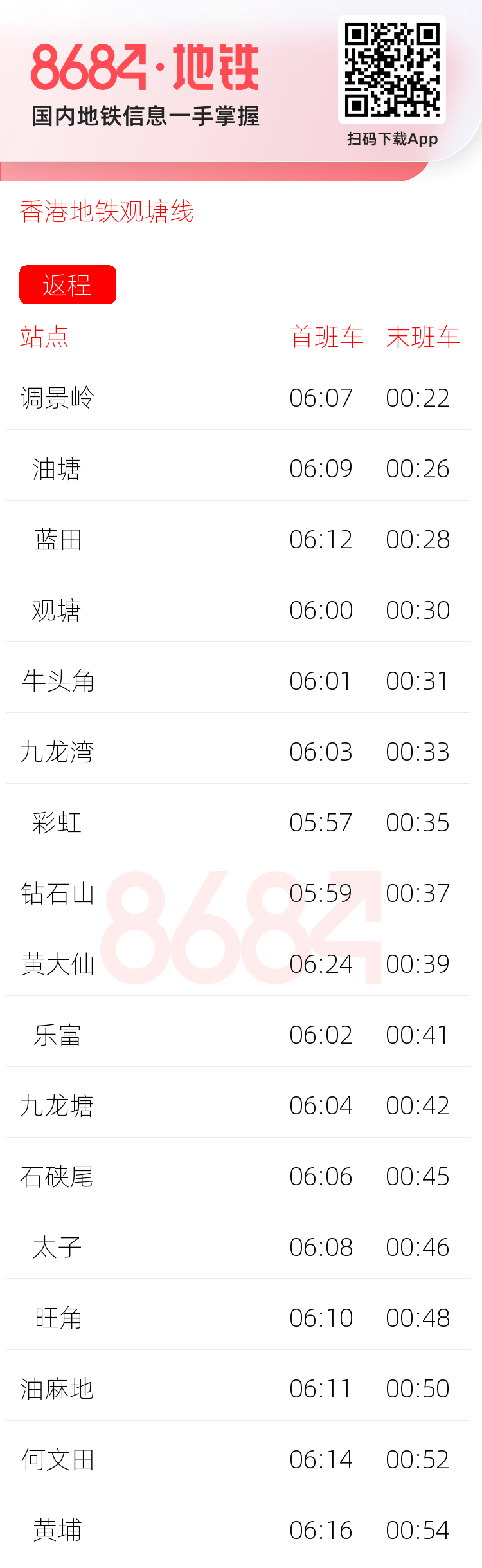 香港地铁观塘线运营时间表