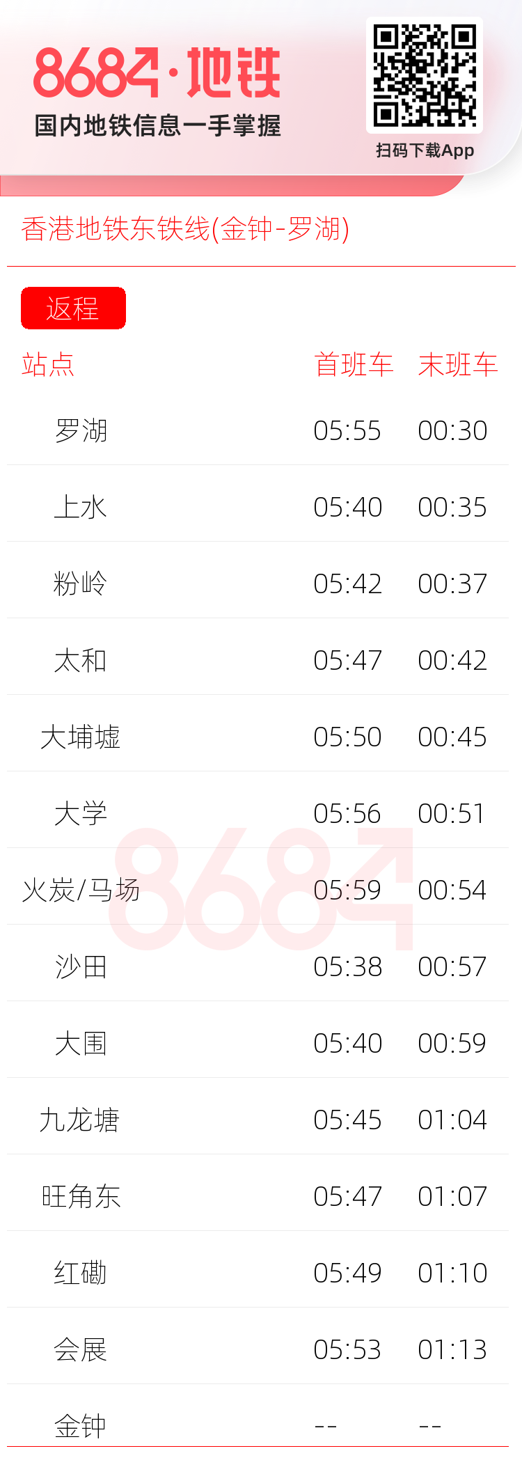 香港地铁东铁线(金钟-罗湖)运营时间表