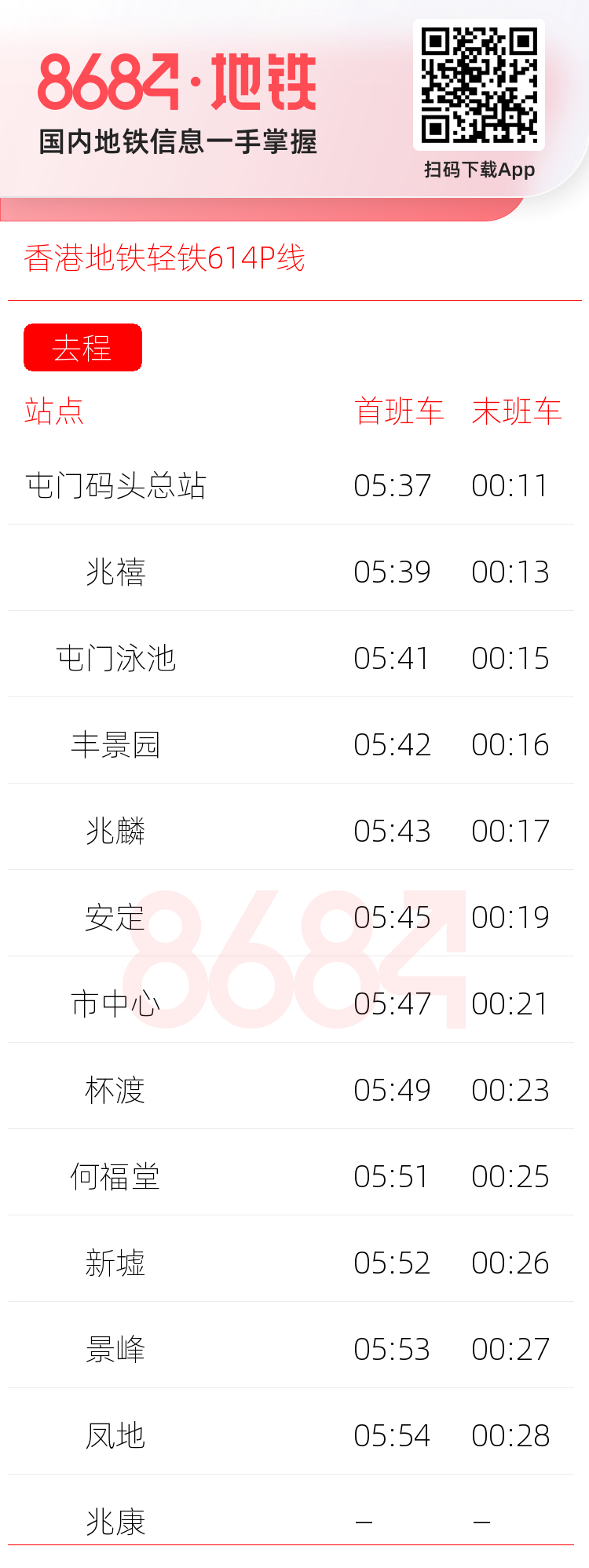香港地铁轻铁614P线运营时间表
