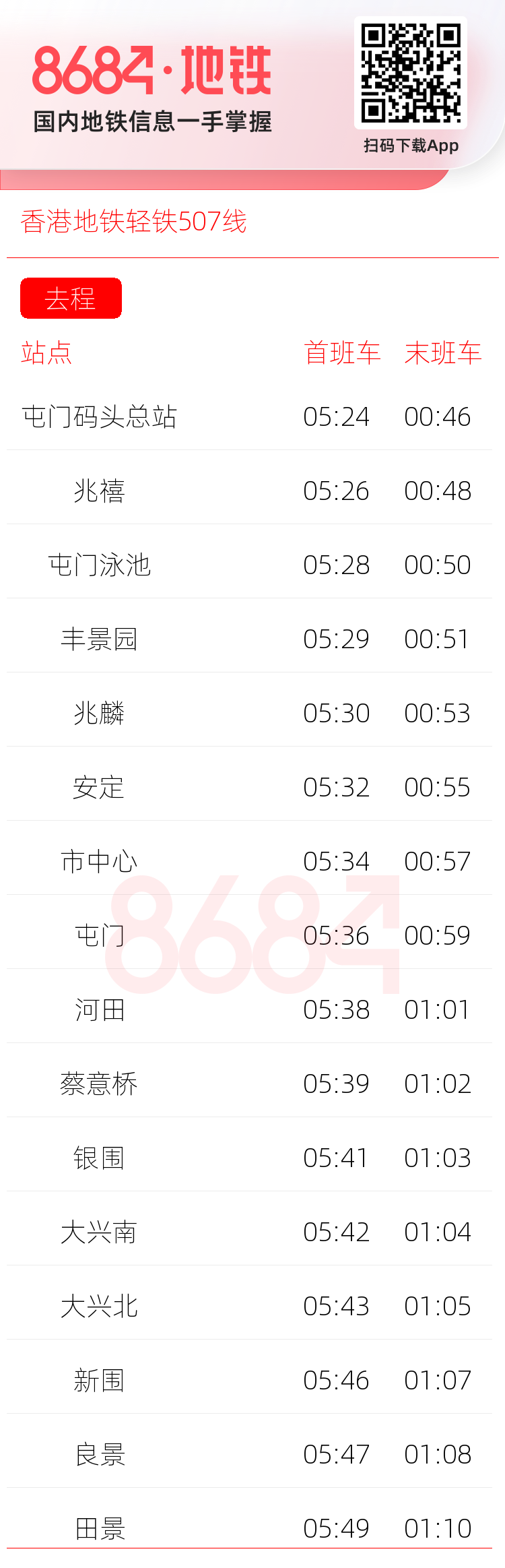香港地铁轻铁507线运营时间表