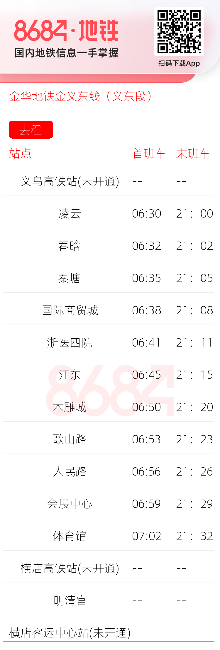 金华地铁金义东线（义东段）运营时间表