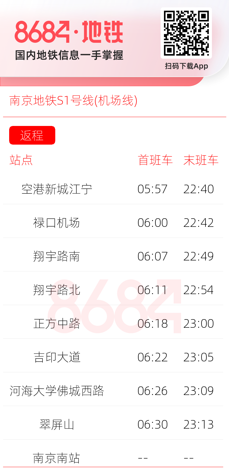 南京地铁S1号线(机场线)运营时间表
