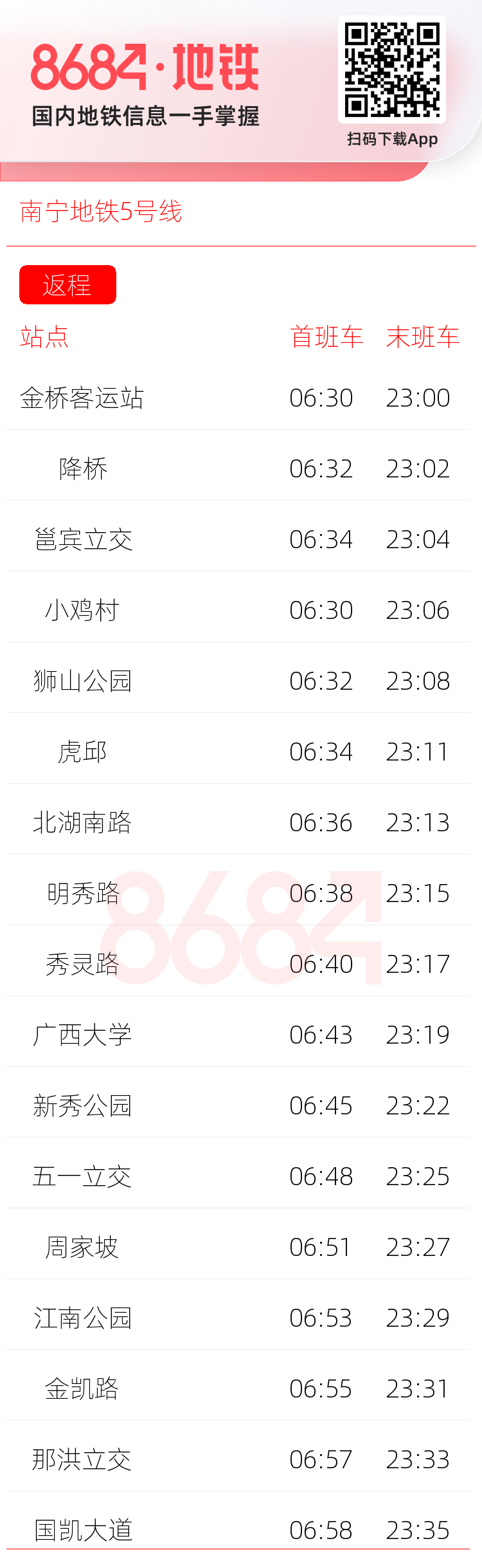 南宁地铁5号线运营时间表