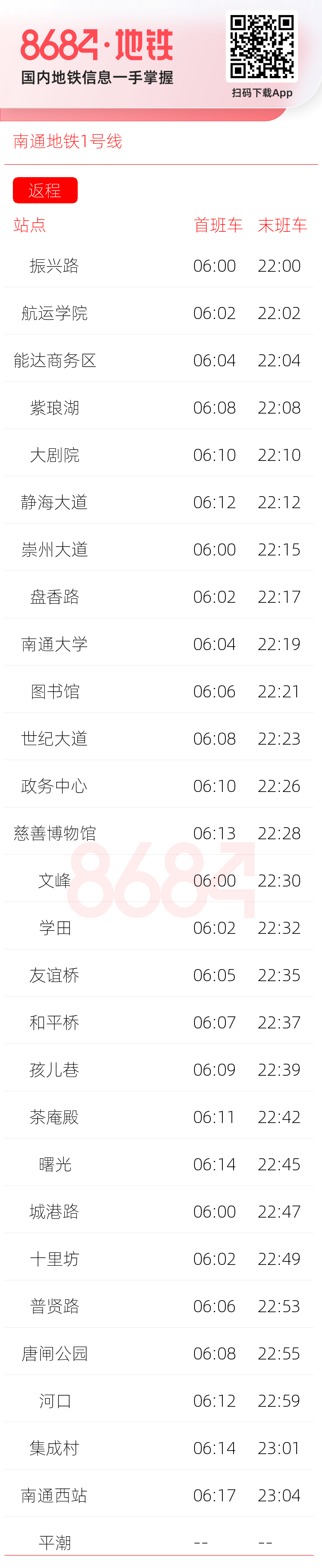 南通地铁1号线运营时间表