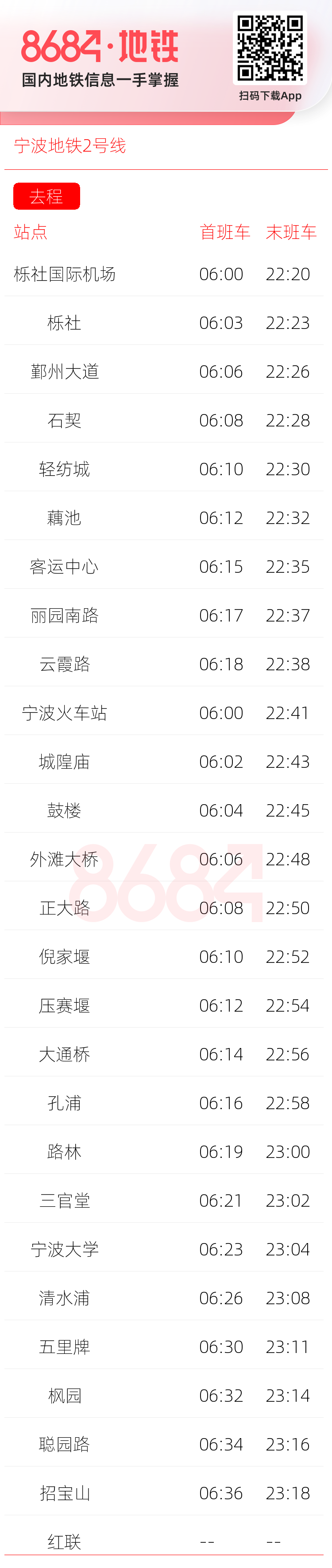 宁波地铁2号线运营时间表
