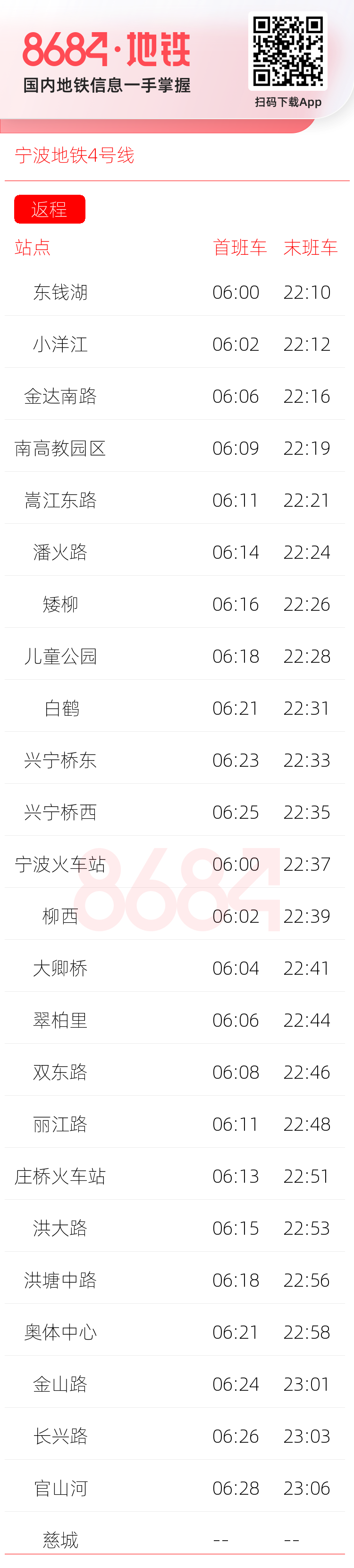 宁波地铁4号线运营时间表