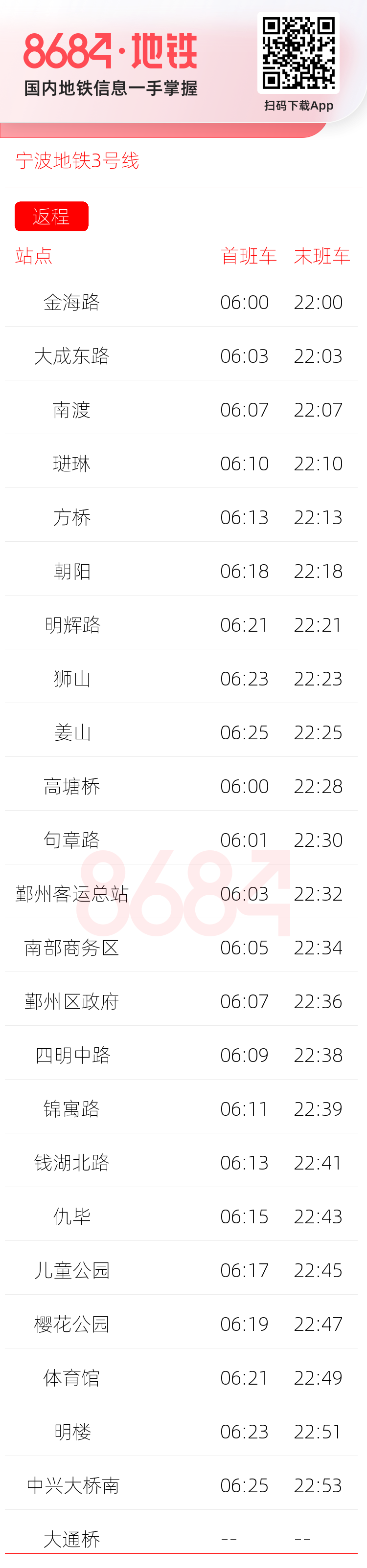 宁波地铁3号线运营时间表