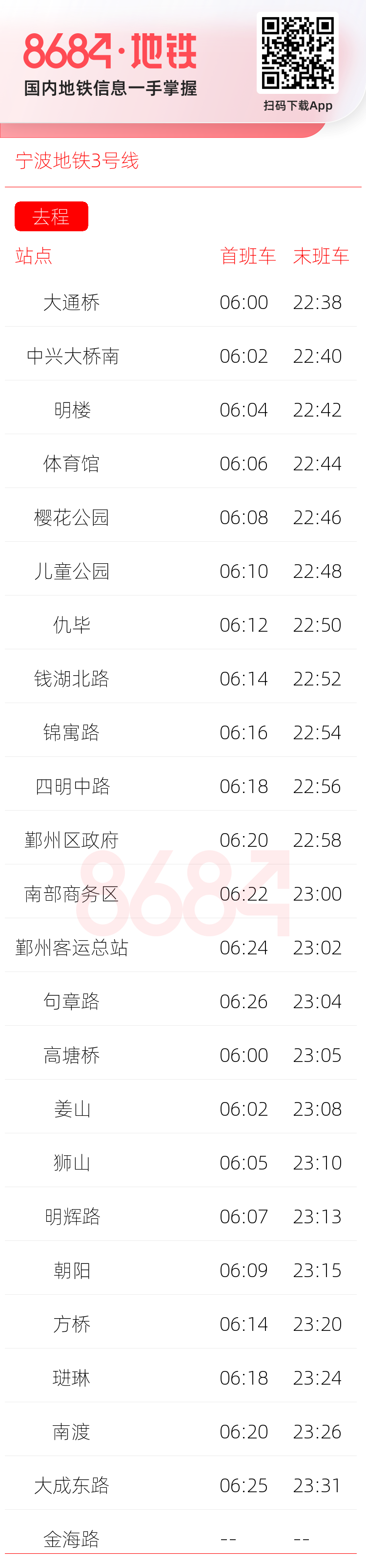 宁波地铁3号线运营时间表